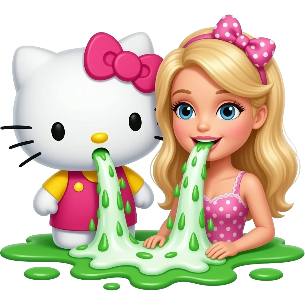 Green and white, throwing up—Hello Kitty and Barbie are throwing up together, a lot, covering the ground in vomit; it's gushing out of her mouth like Niagara Falls emoji