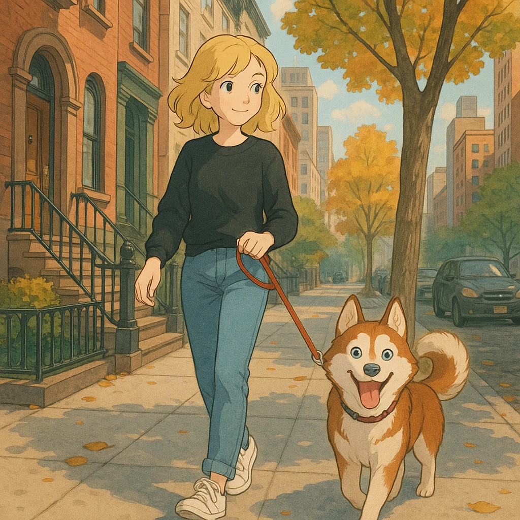Cute Blonde woman wearing a black sweater and jeans and white sneakers walking a happy red-brown blue-eyed Siberian husky in New York City on an upper east side city sidewalk  emoji