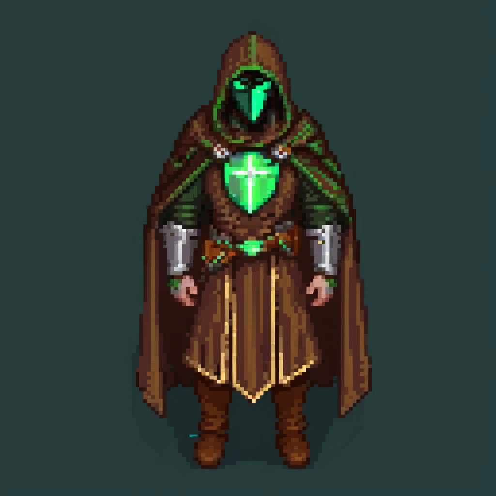 Marathon M1 S'pht compiler with brown cloak, green glowing light, metallic mantle pauldron, classic polaroid photo style, 1990s game screenshot, nostalgic faded quality emoji