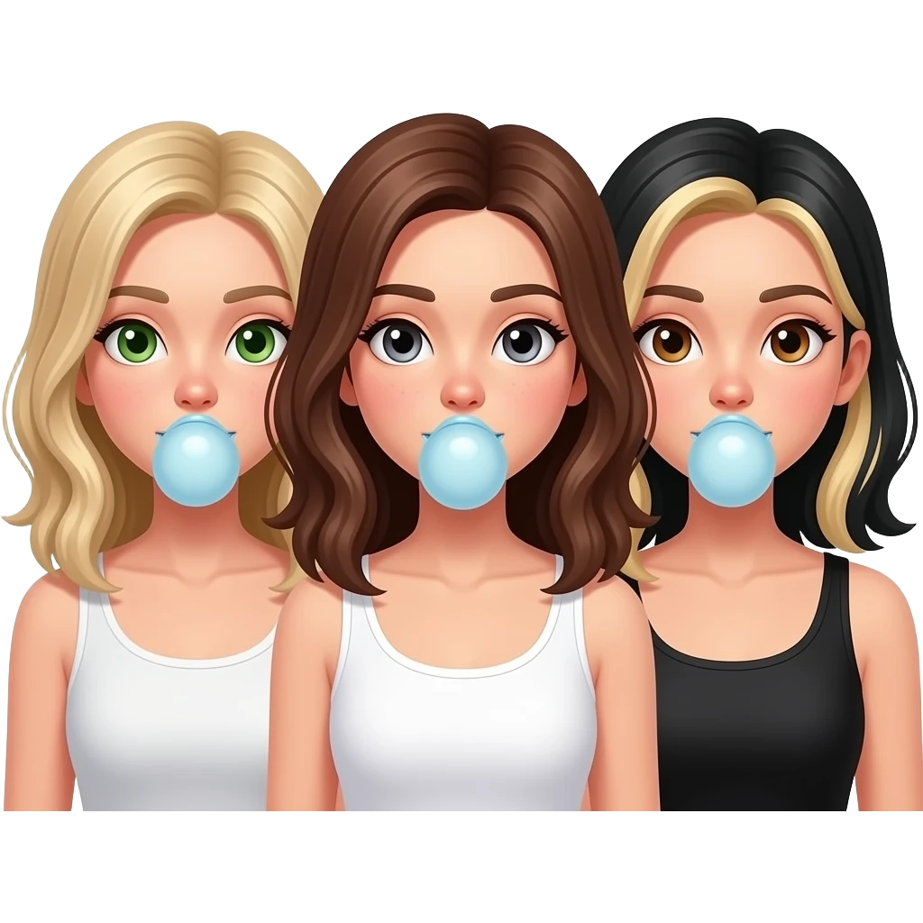 Three girls doing blow. One dirty blonde hair and green eyes with white tank top, one brunette hair, and one with brown eyes and black hair and blonde highlights in hair emoji
