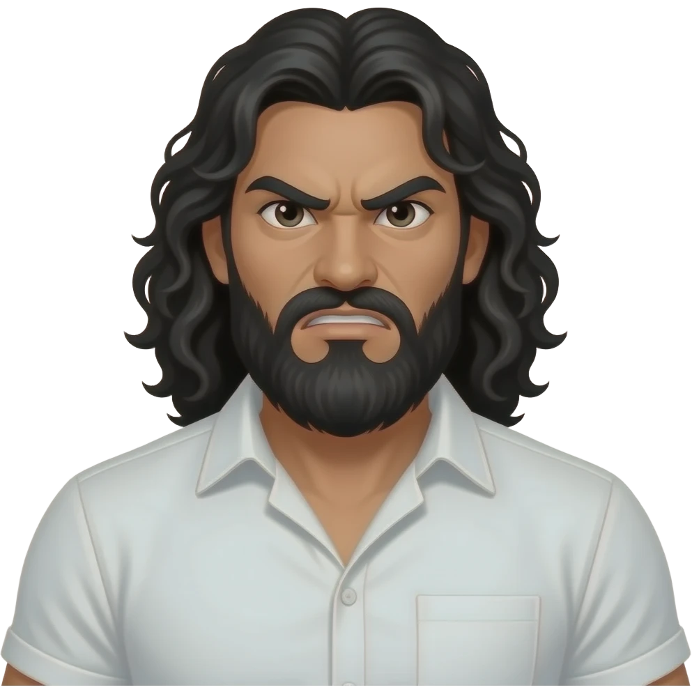 TEXICAN OUTLAW, with a really long beard, long, black, curly hair, super muscular, with angry eyes, beard is black too, wearing all white emoji