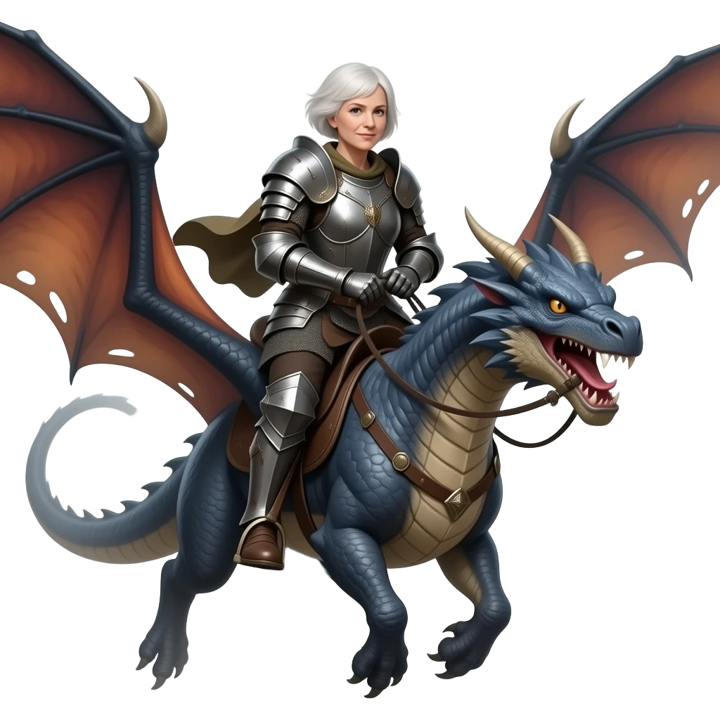 Short white hair older woman warrior riding dragon emoji