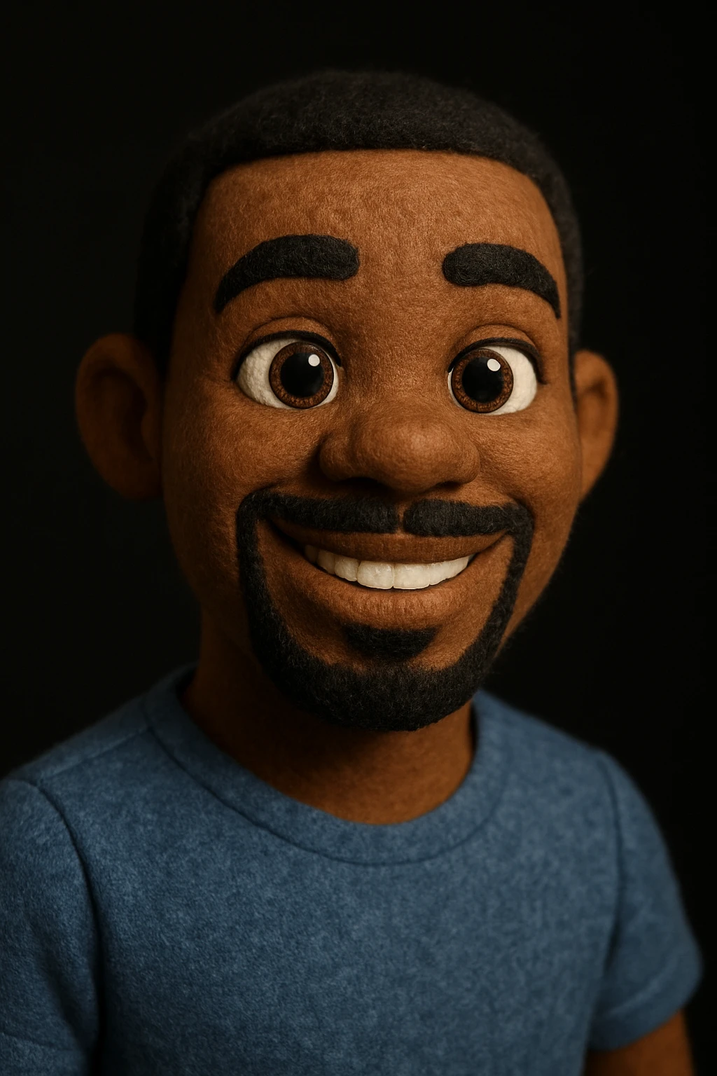 3D digital portrait of a smiling man with medium-dark brown skin, short black hair, neatly trimmed goatee, large expressive brown eyes, well-defined eyebrows, friendly and confident expression with slight upward curve on lips, soft and even lighting, plain black background, head and face only, Pixar or Disney animated movie style emoji