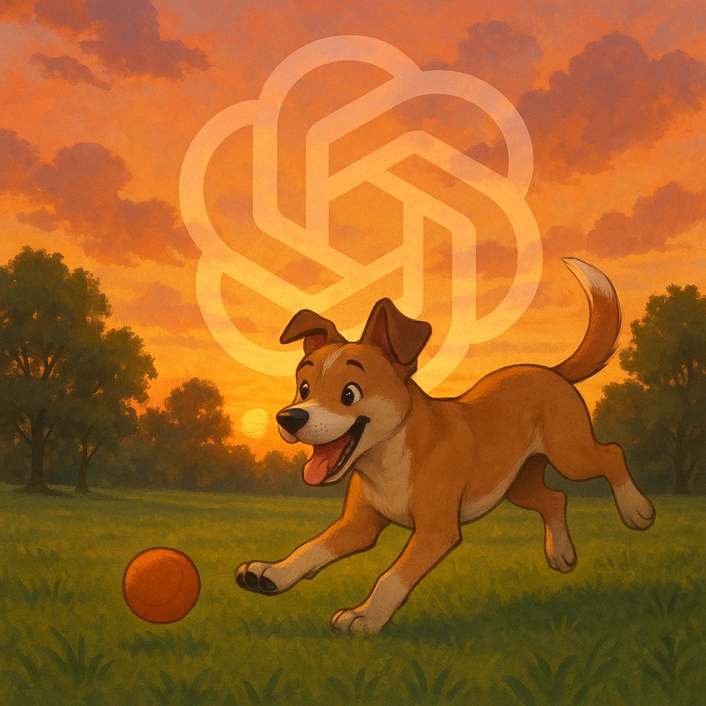 chat gpt image logo on the background of a dog chasing ball emoji