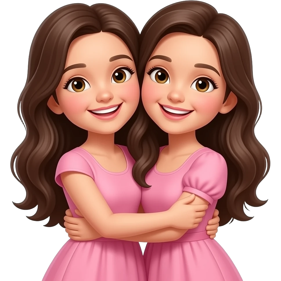 Two sisters long hair smiling  hugging each other wearing pink clothes emoji