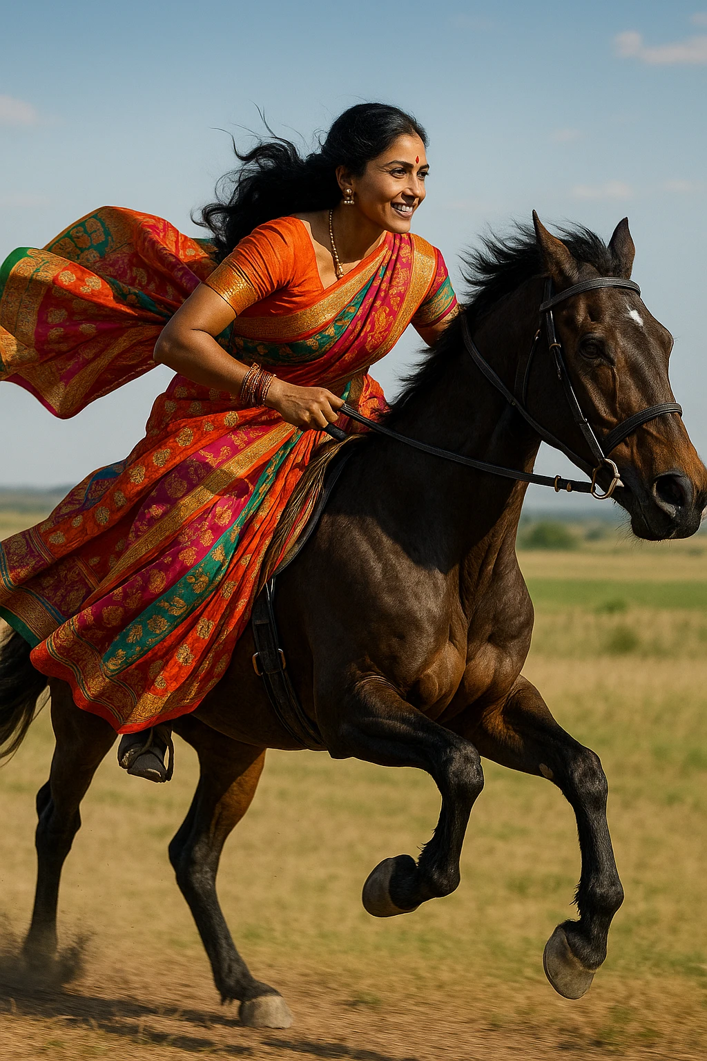 East Indian woman riding a horse at full speed, bright sari, intricate patterns, energetic scene, proud expression, dynamic composition, outdoor landscape emoji