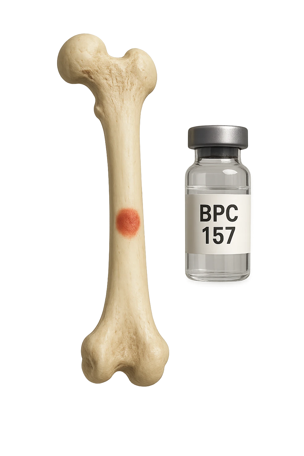 osso umano con red spot fluttua insiema a fiala medica con la scritta "BPC 157" SULL'ETICHETTA, iperrealistiche 4k emoji