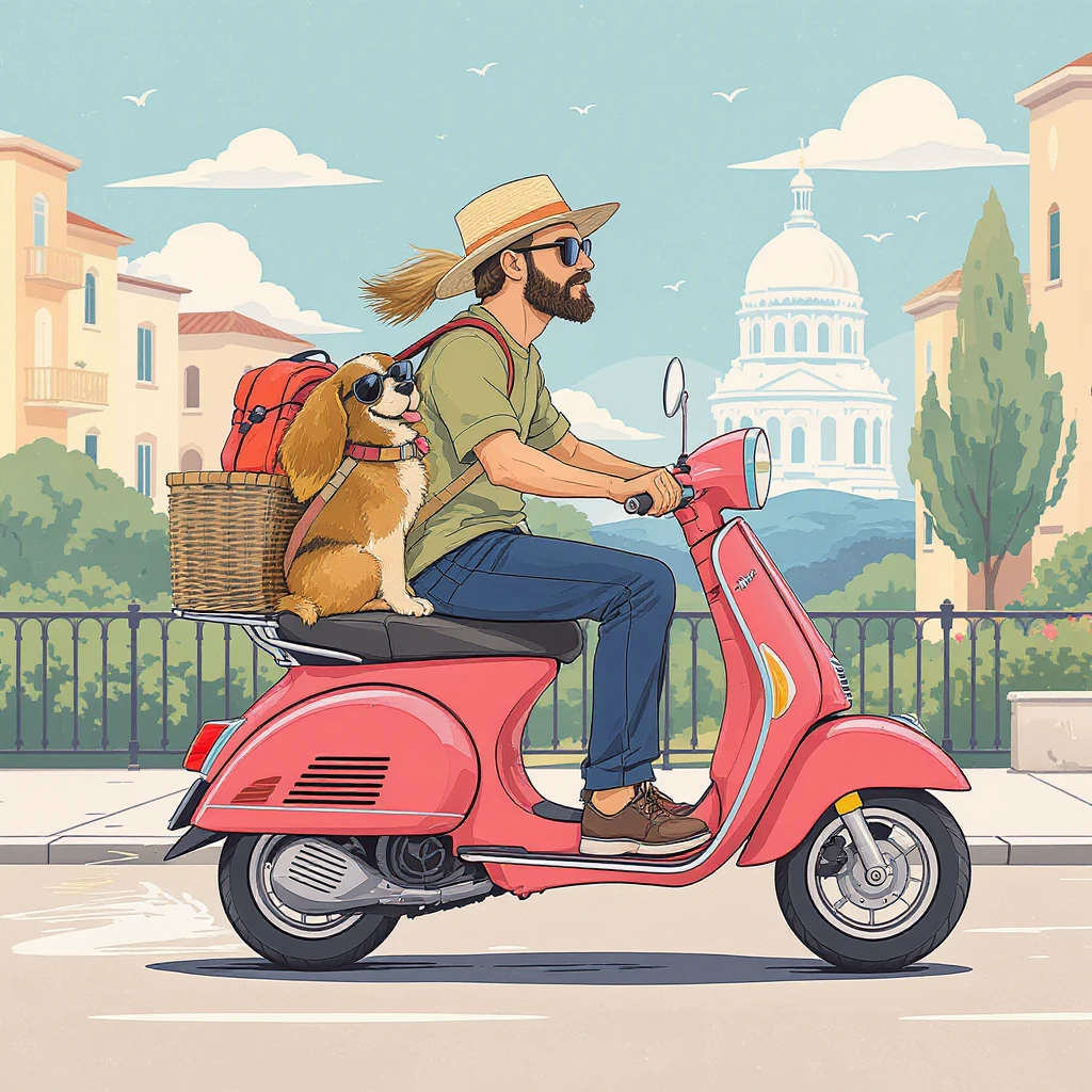 vector art of a man and his pet dog riding a vespa, for website design emoji