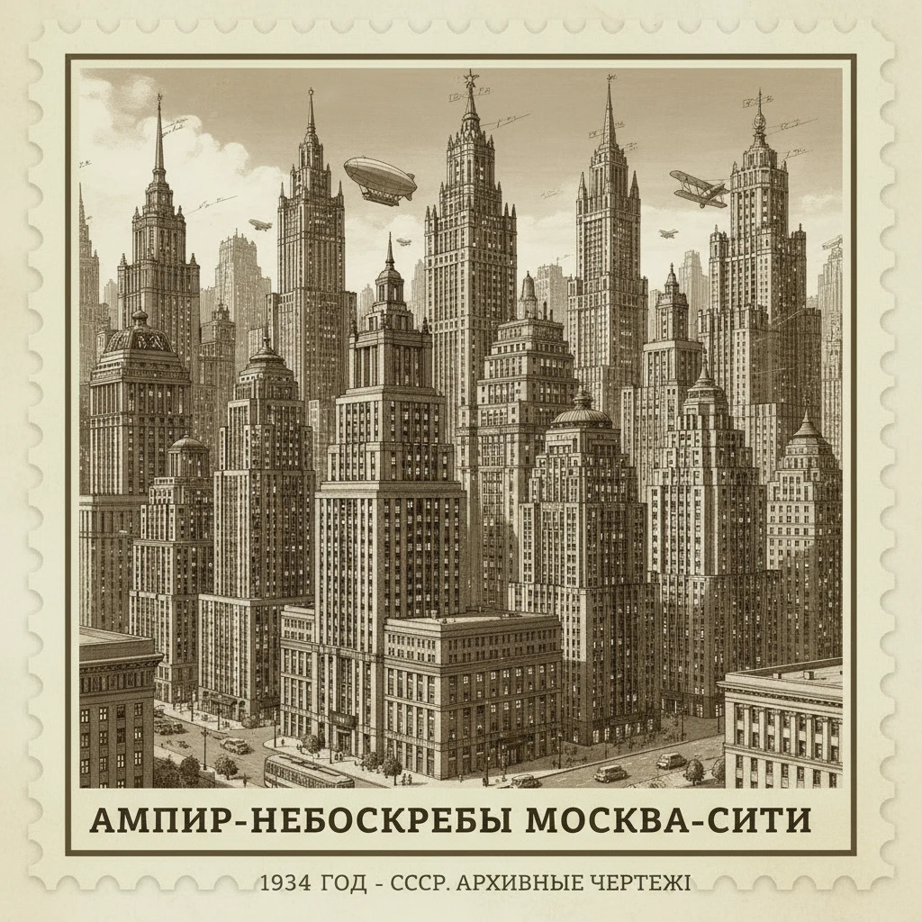 Ампир-Небоскребы Москва-Сити, в СССР 1934 год. Очень плотная застройка. Архивные чертежи

Стилизуй изображение под марку как на фото emoji