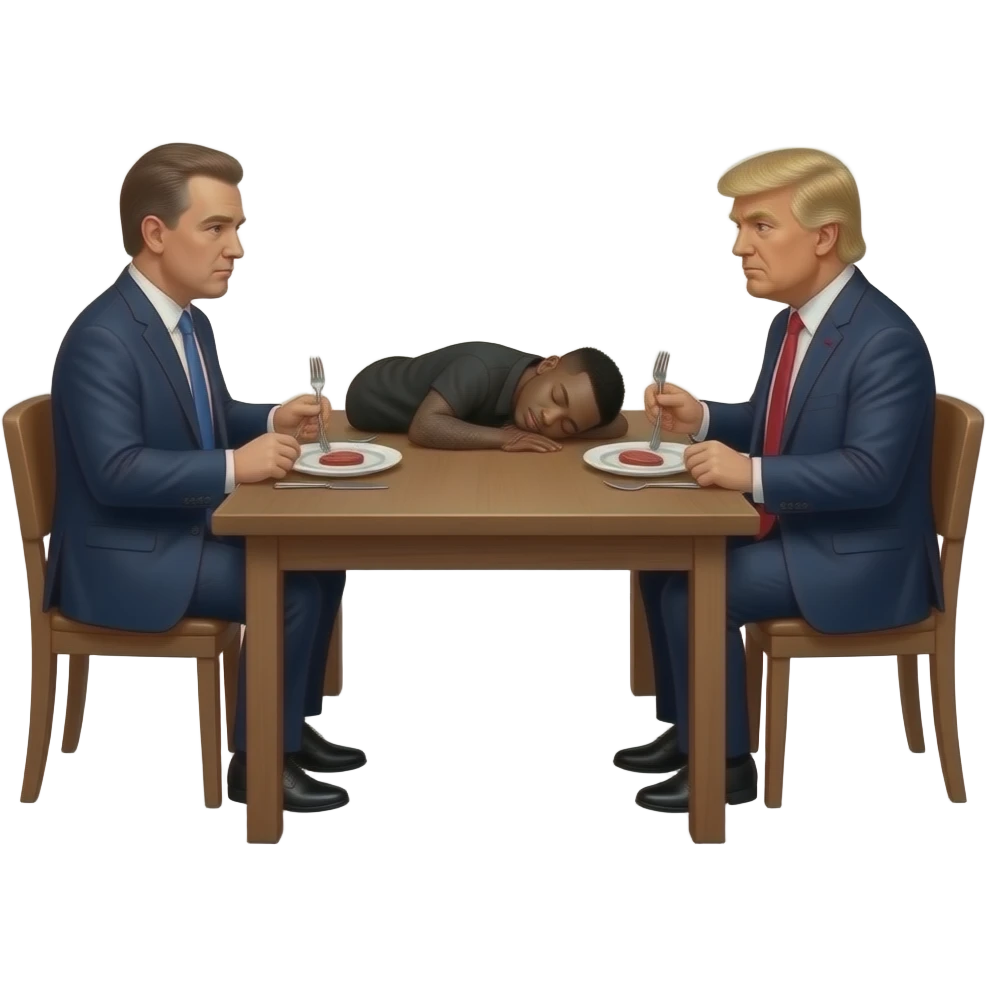 jeffrey epstein and donald trump in a dark room, sitting at a table with two seats (one for each of them) and on the table is the rapper dababy (hes asleep on his back) and espstein and trump have plates forks knives with little red meat on it emoji