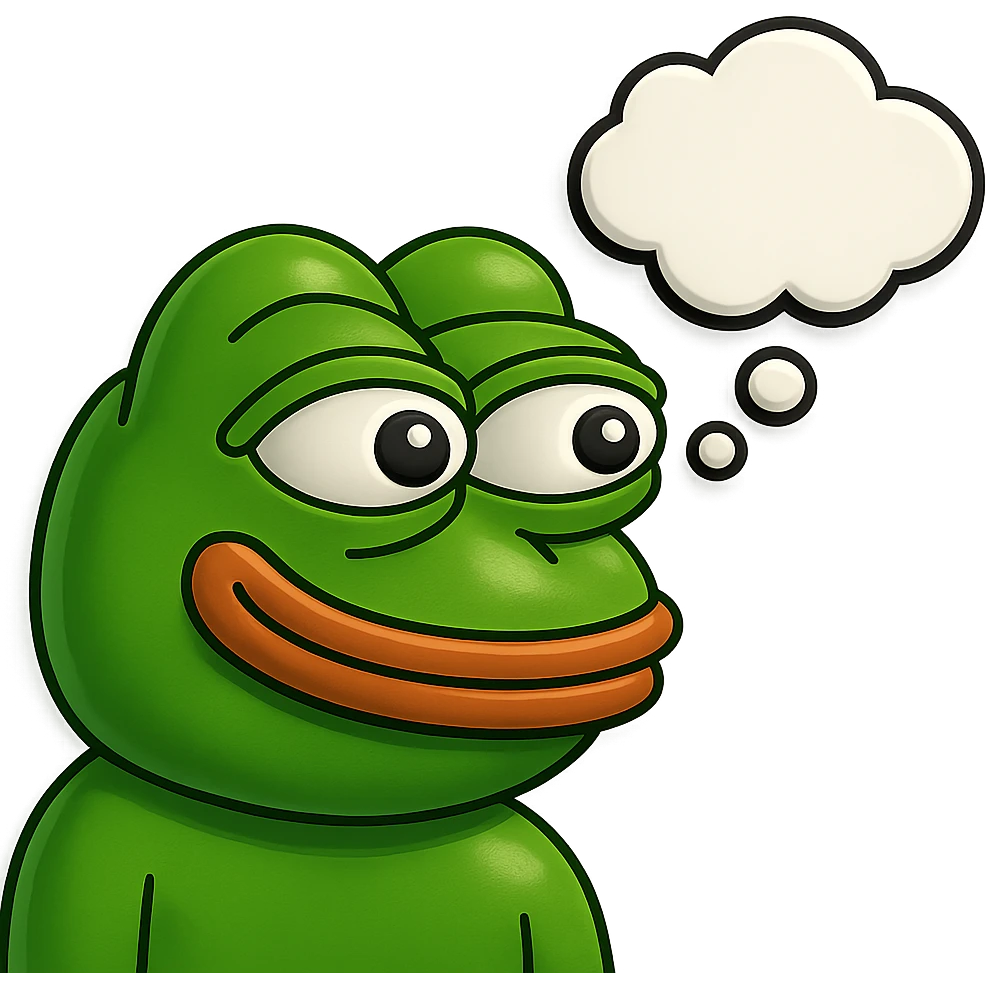 make a pepe in bright green smiling with thought bubble looking at right side in 3d style, good highlights and shadows, drop shadows emoji