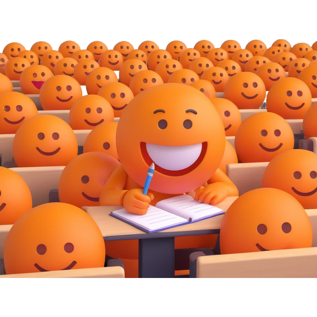 3D smiley emoji, round shape, student taking notes in lecture, orange color, attentive face emoji