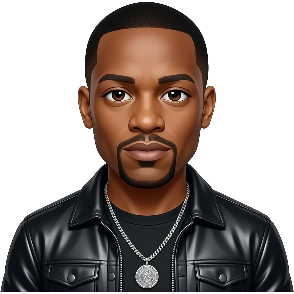 Dr Dre with dark brown eyes, black hair, black metallic hip-hop outfit, necklace emoji
