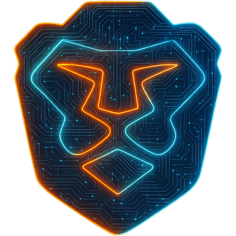 Transform the Brave logo into a cyberpunk, holographic style with glowing neon orange and blue edges, circuit patterns throughout the shield and lion face. Maintain the recognizable shield and lion face shape, overlaying neon and circuit effects in a futuristic, clean cyberpunk style with consistent glow and intricate circuit details. Transparent background. emoji
