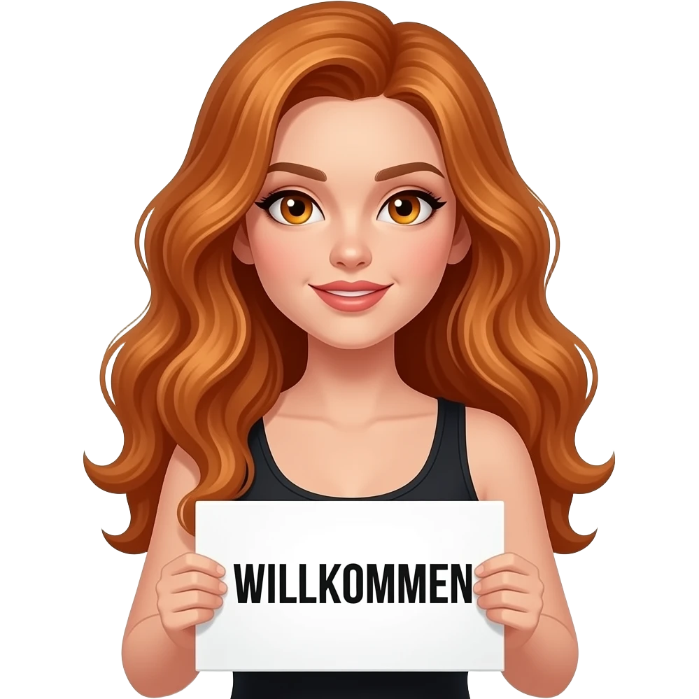 sexy girl with long wavy ginger hair and ginger eyes wearing a black tanktop is holding a white sign with WILLKOMMEN written on it emoji