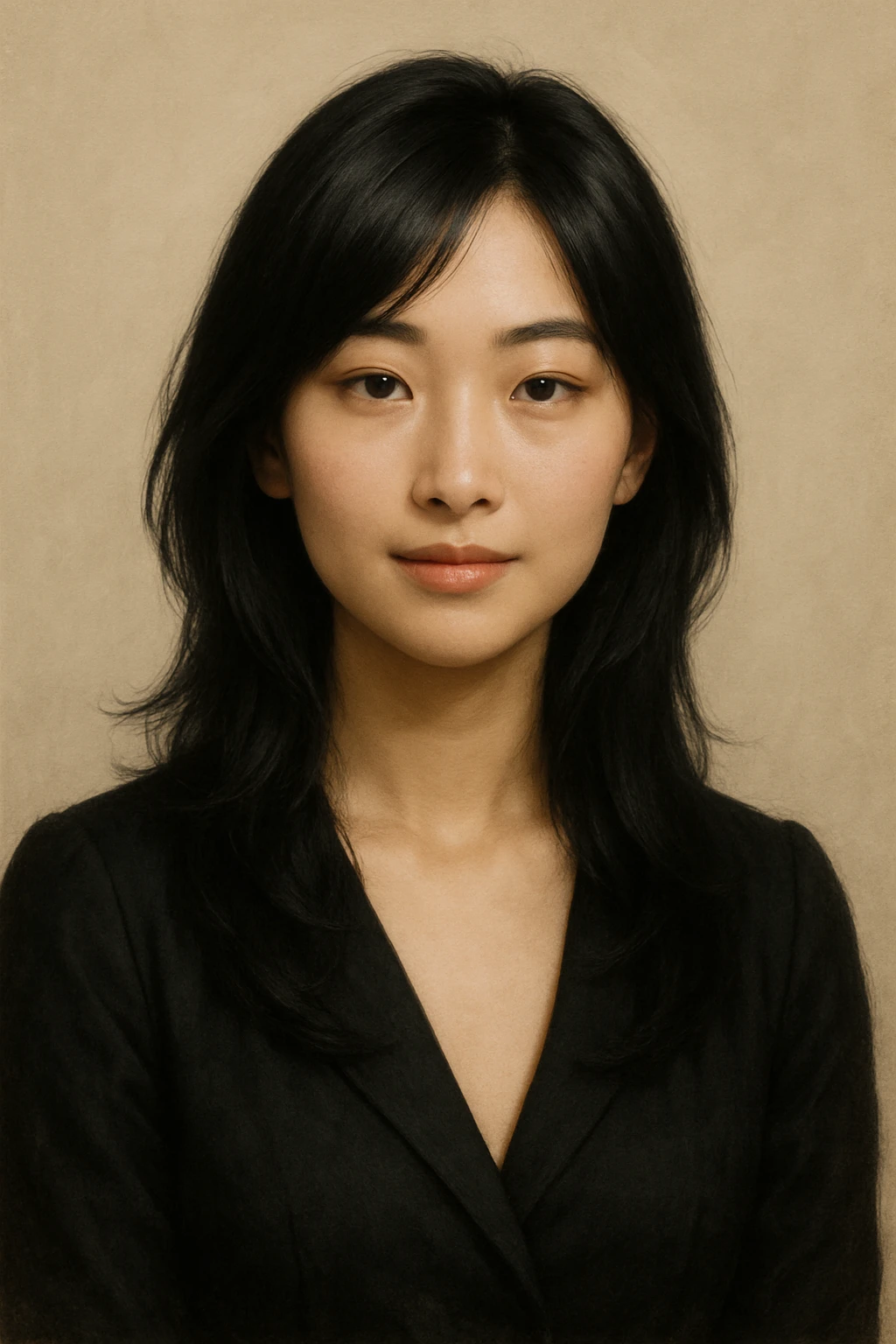 Chinese girl, black layered hair, elegant, semi-realistic, subtle smile, neutral background emoji