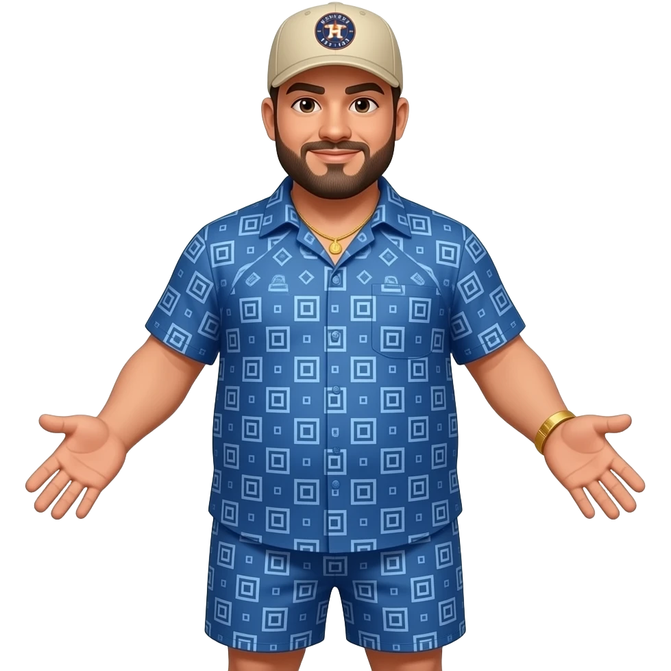 Chubby man with apricot skin tone with lightly shaved black beard wearing a blue button down short sleeve shirt with matching shorts with square pattern designs wearing an all beige color Huston Astros logo baseball cap wearing a gold tennis necklace and a gold wrist watch holding hands out emoji