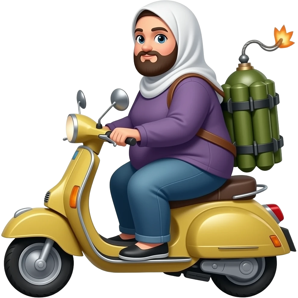 Fat VERY Muslim woman with hijab  with beard and is on scooter with bomb strapped to it emoji