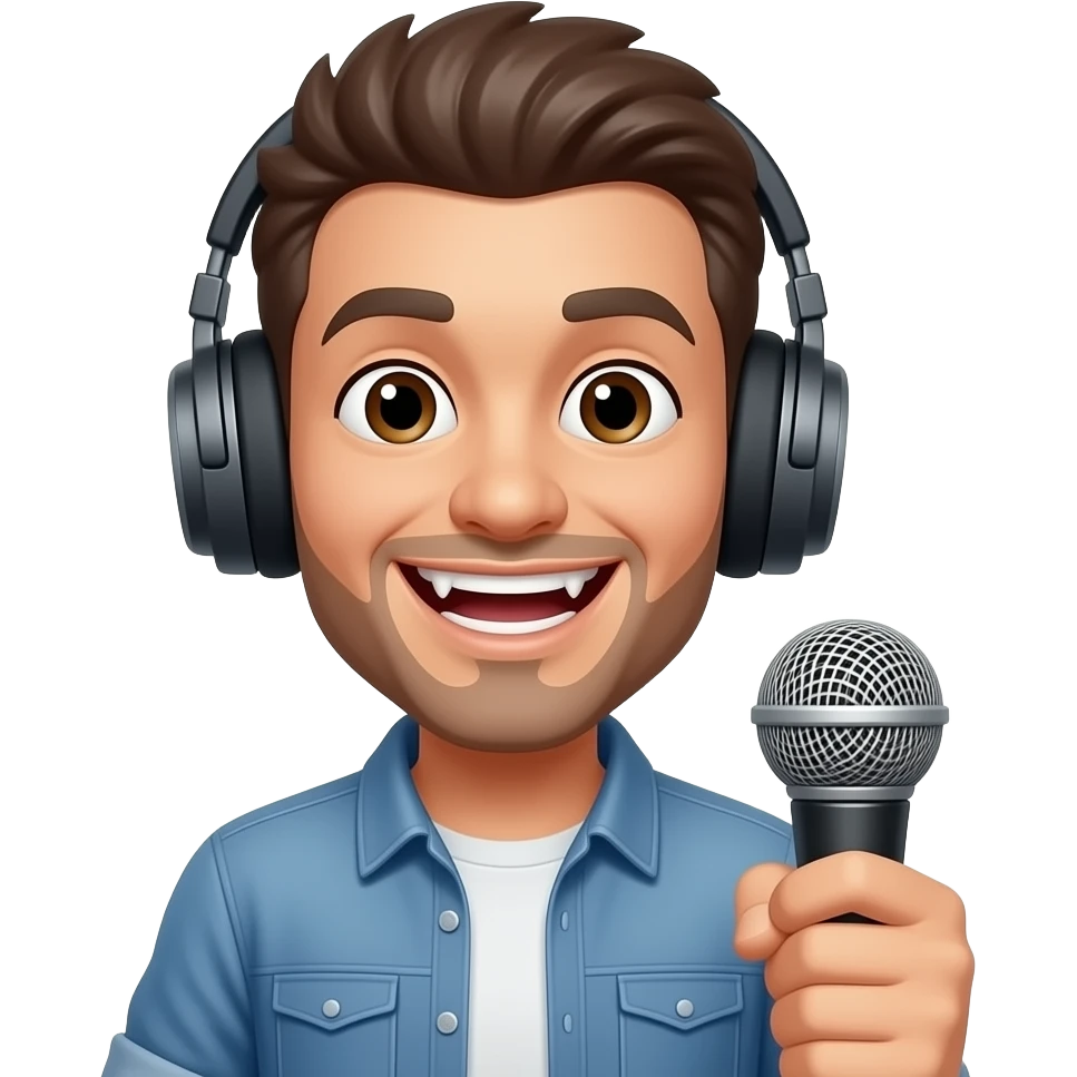 Vampire smiley face with headphones and a microphone emoji