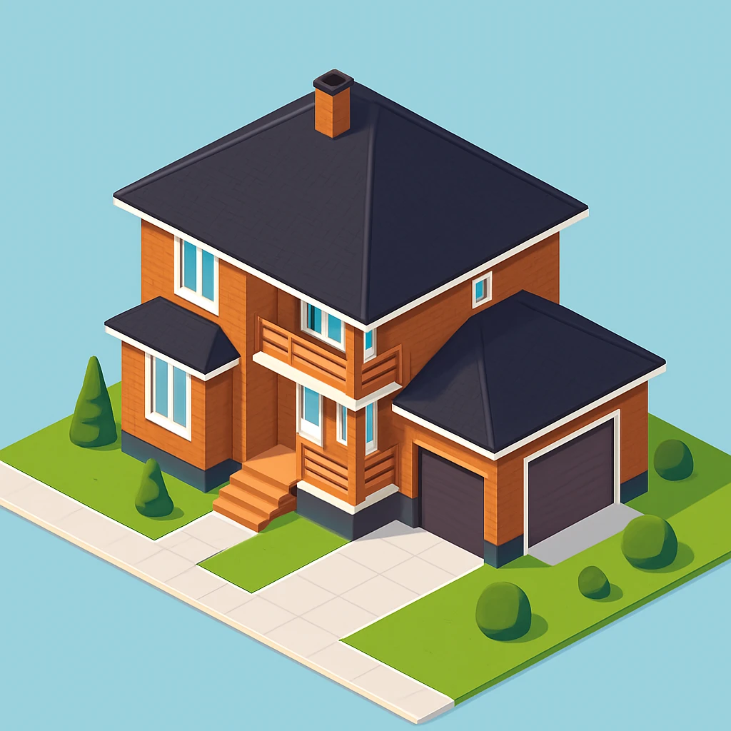 isometric illustration of the building. 3D isometric infographic design. Clean lines, bright and saturated colors, minimal unnecessary details. View from above at an angle (isometric), showing the roof, facade, and part of the surrounding area. Soft shadows, daylight lighting, no harsh contrasts. Background should be solid (blue, gray, or light tone). Add a small area around the building (roads, tiles, grass) so the building looks complete. Accurately represent the architectural features of the building (roof shape, facade, colors). Final style should be neat and polished, similar to posters or educational infographics. emoji