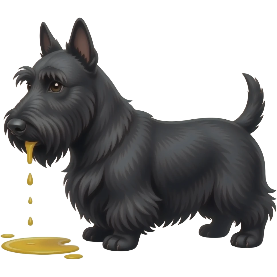 Black Scottie dog in profile with small puddle of yellow urine on the floor under his hind paws, white background. No liquid coming from his mouth emoji