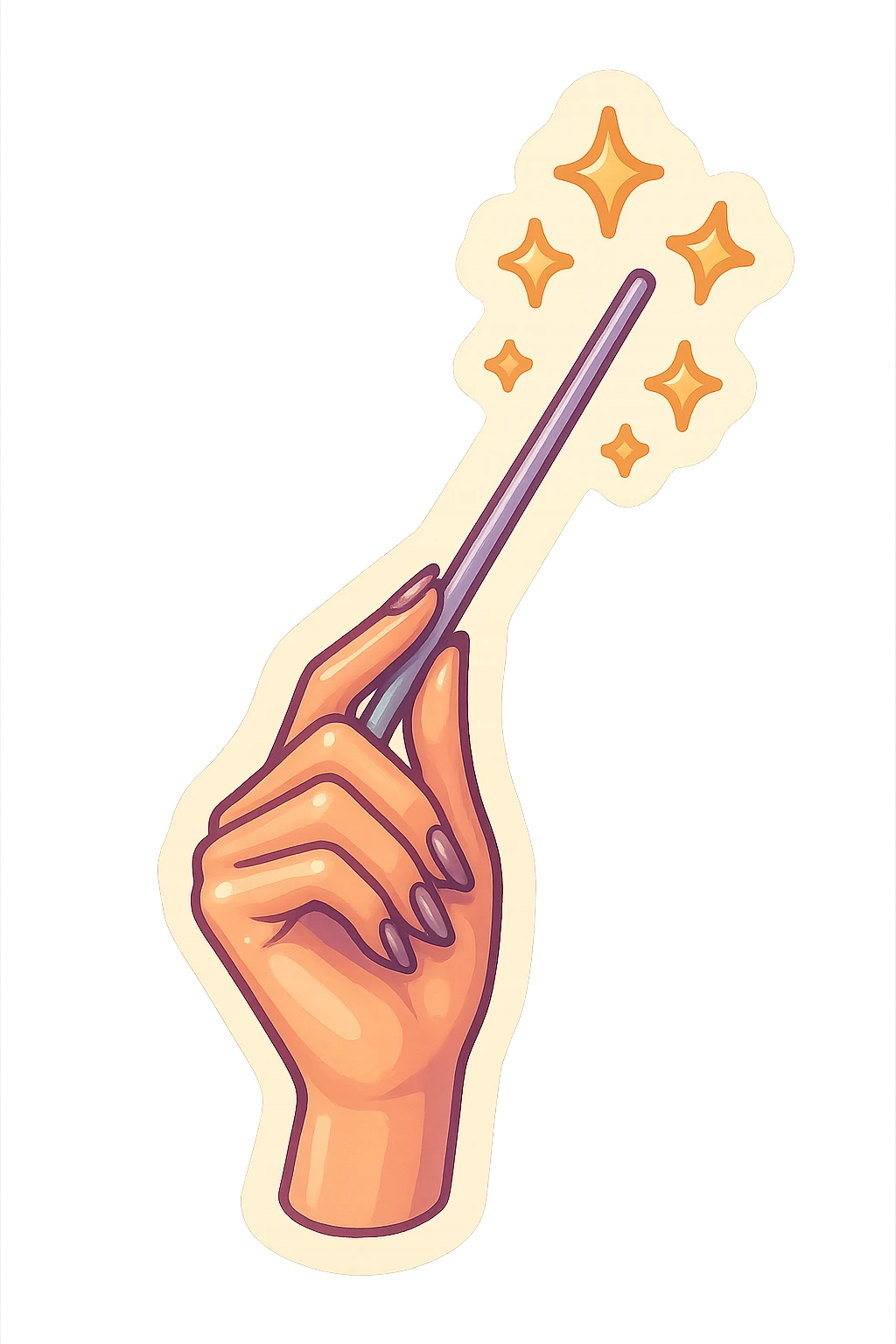 Elegant female hand with almond-shaped nails holding a magic wand upwards, stars flying out of the wand, retro stickers style, thin clean contours, soft rounded shapes, pastel palette #98B5BC, #B5B3C1, #C9A3C9, #E4C0CA, #F7DCD1, #F7C0AA, detailed shadows and highlights, soft lighting, transparent background, no decorative elements emoji