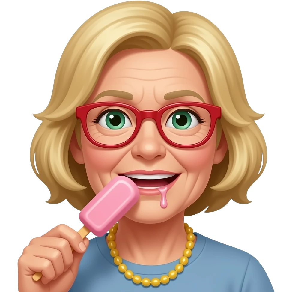 Gryzienie loda przez starszą  kobietę i szczuplejszej  twarzy na patyku w kolorze różowym językiem włosy blond zielone oczy i okulary w kolorze czerwonym, kapiąca ślina emoji