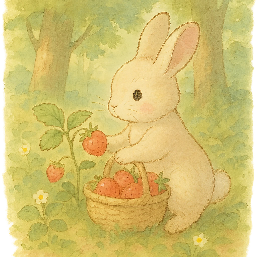 bunny picking strawberries in the woods, sweet pastel red, soft ghibli style emoji