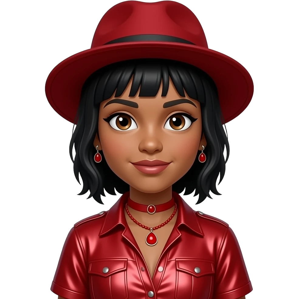 Ny from The Next Kidz with dark brown skin, dark brown eyes, black tomboy hair, red hat, red metallic open dress shirt, red necklace and earrings emoji