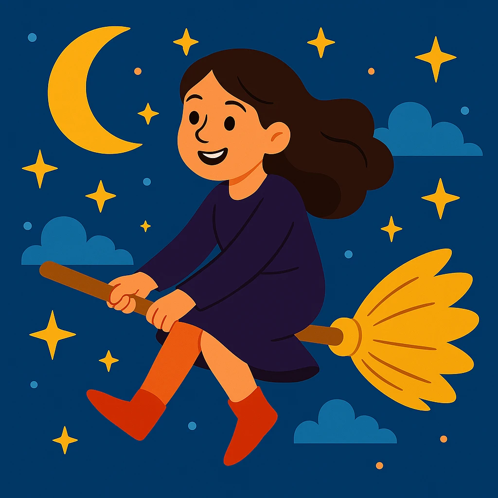 Remove the hat from the brunette girl witch flying on a broomstick, keep her whimsical and magical, vibrant toon style. emoji