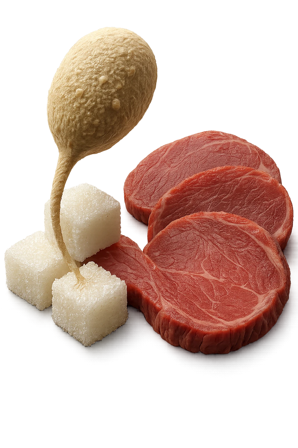un batterio della candida si nutre di zollette di zuccheri e fettine di carne, IPERREALISTICO 4K emoji