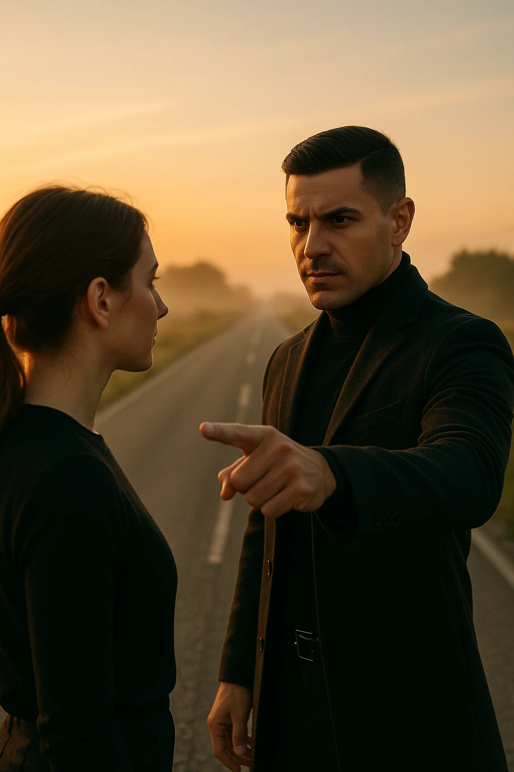 Cinematic photo of a confident man giving clear direction to a woman, standing in front of her with a firm but calm expression, pointing forward as if showing her the path to follow. The man is dressed in a dark jacket, embodying the role of a commander, while the woman looks at him attentively, ready to follow. The setting is an open road at sunrise with soft golden light, symbolizing new beginnings and leadership. Shot from a side angle, capturing both profiles with a clear view of his guiding gesture. emoji