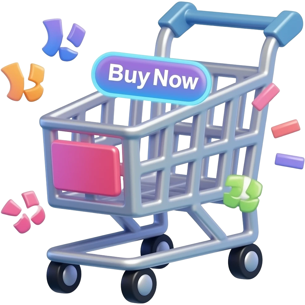 A dynamic emoji of a shopping cart with motion lines and a glowing “Buy Now” button, vibrant colors, energetic feel, slightly 3D, modern app UI emoji style emoji