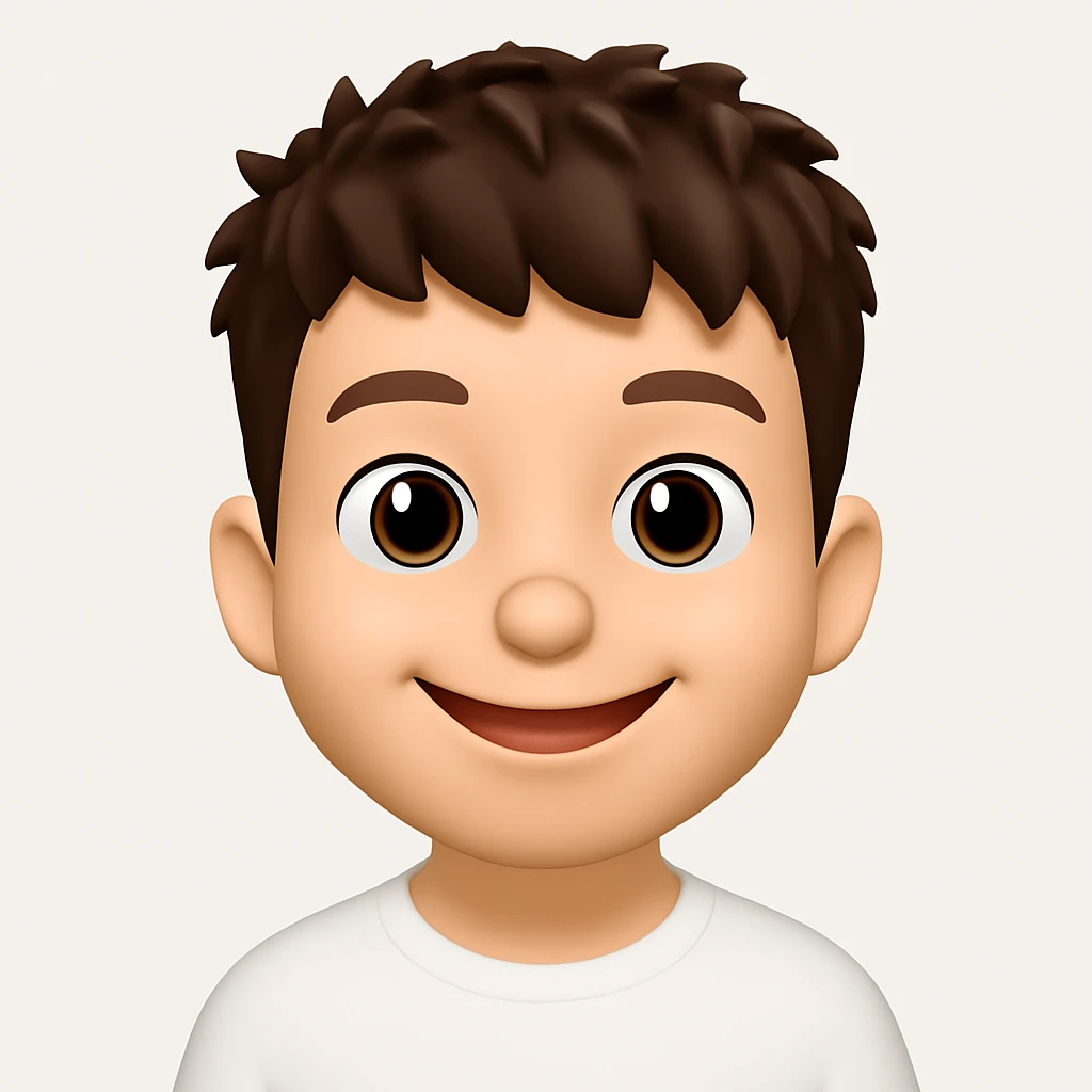 Create a 3D cartoon emoji character with a large head, big eyes, smooth skin, simple features, and a happy face. The style should be clean, modern, and minimalistic with soft lighting and a white background. The character should be front-facing and inspired by the Apple Memoji/Pixar style as shown in the reference image. emoji