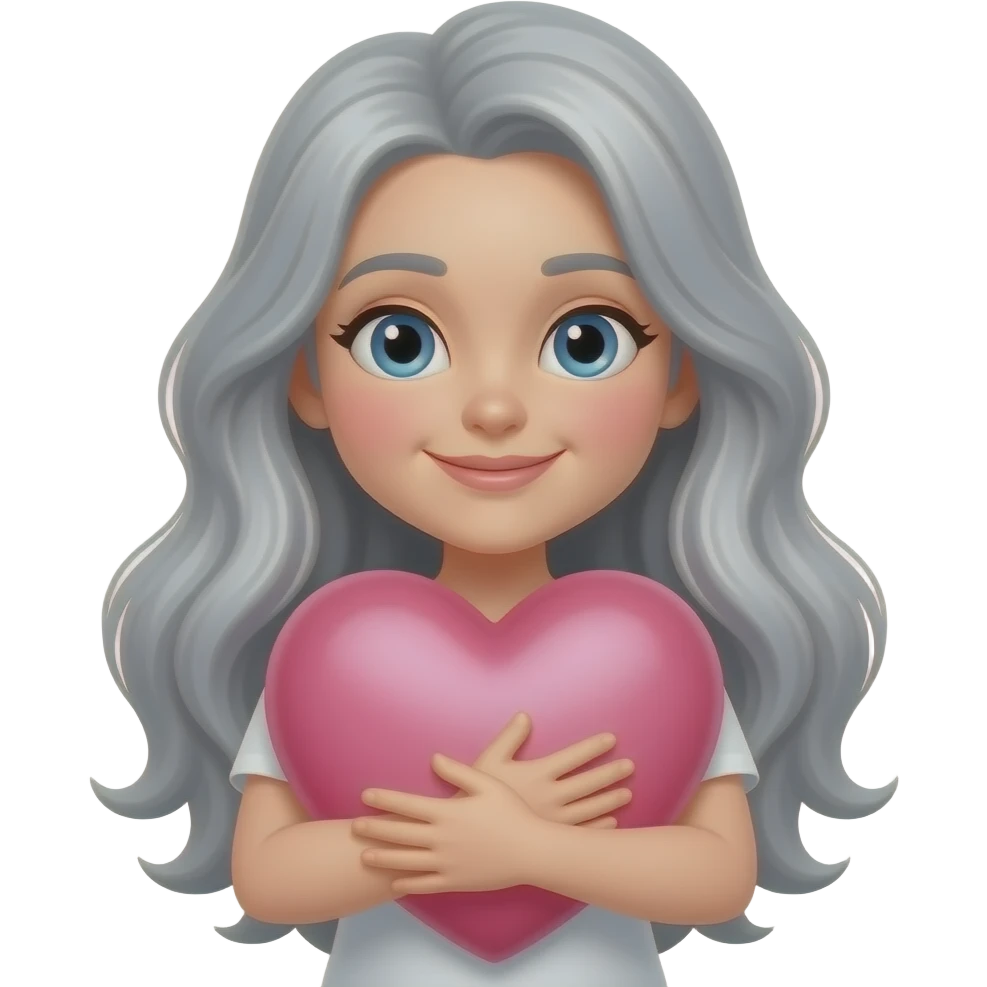 gray long hair lady hugging a big pink heart emoji