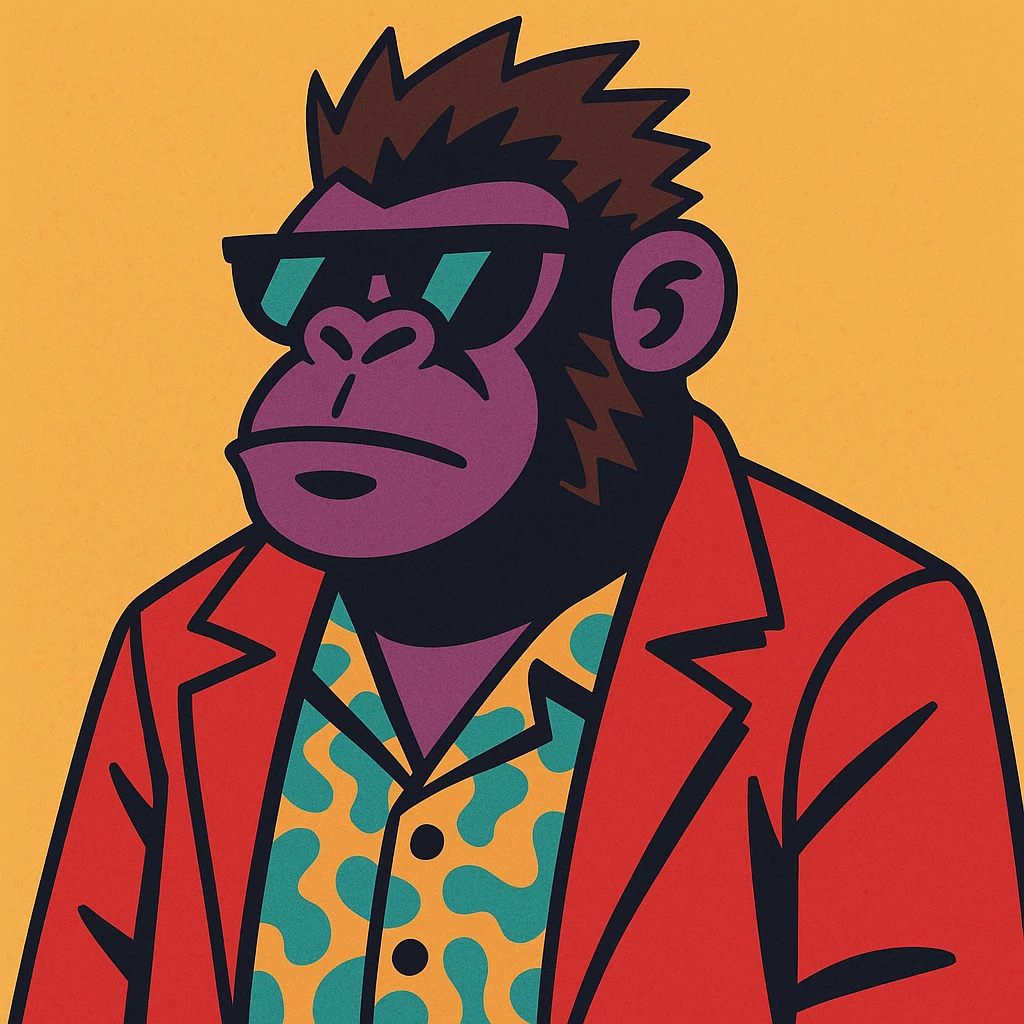 A gorilla channeling Tyler Durden, wearing sunglasses, a patterned shirt under a red jacket, and exuding a cool, anarchic vibe. emoji