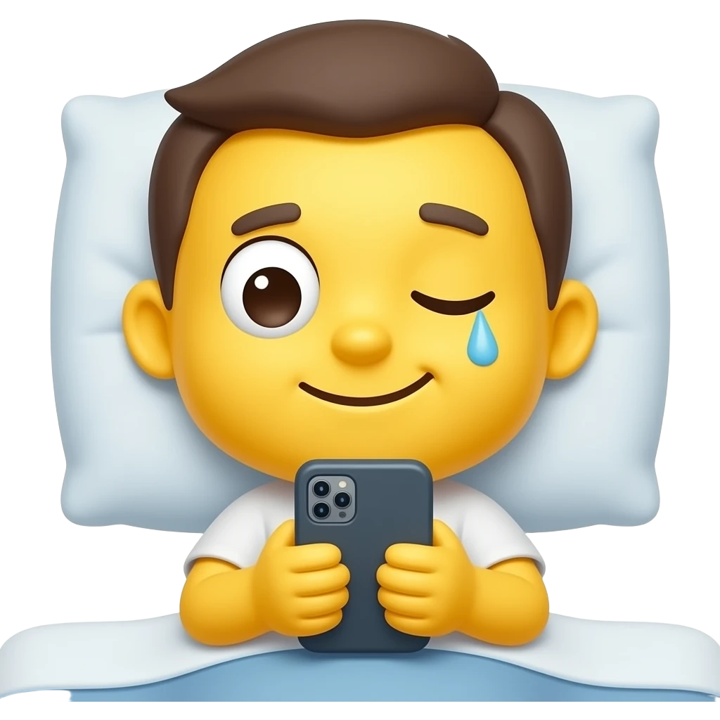 Cute & funny good morning yellow emoji face that looks tired in bed and has only one eye open and the other eye shut reading phone messages emoji
