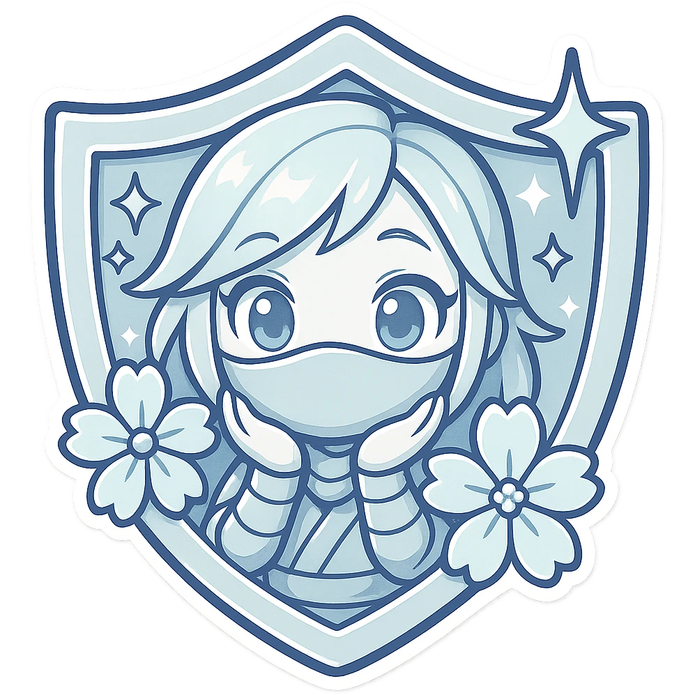 Change the badge color to platinum (light blue/white metallic) for the Platinum rank, keeping the same design of a chibi ninja girl with sakura flowers and sparkly effects, maintaining the badge shape. The image should have a transparent background and be sized for Twitch or Discord use. emoji