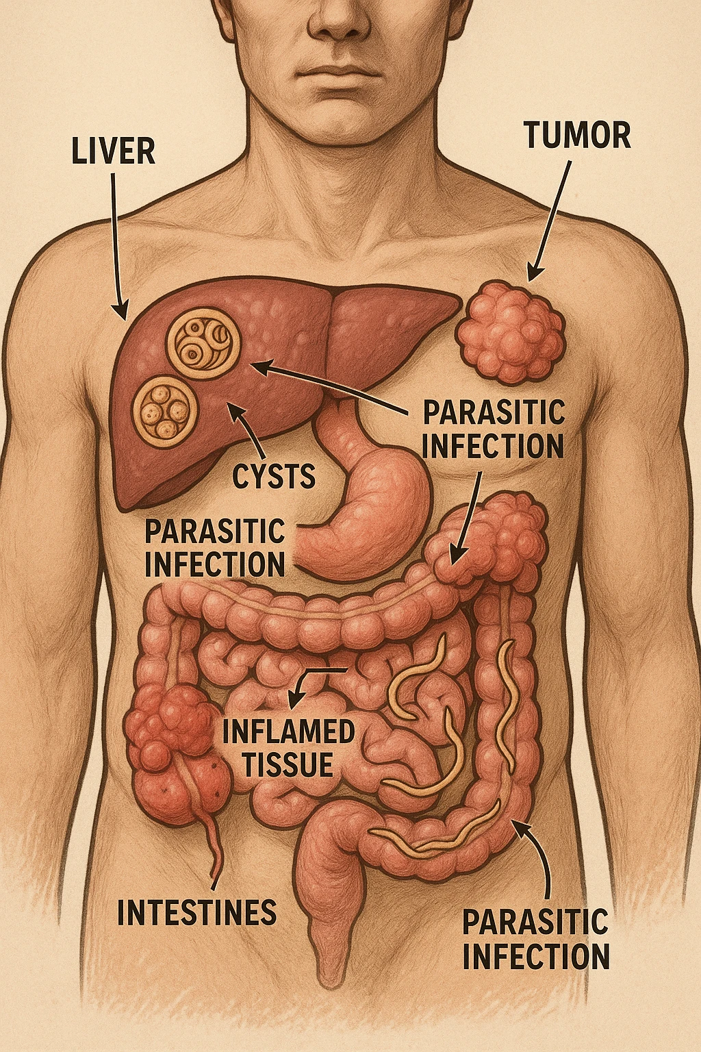 a cross-section of a man’s torso displays various types of parasites embedded in the liver, intestines, and other organs. Tumor growths and inflamed tissues are clearly depicted, with arrows or labels explaining the link between parasitic infection and health problems. The mood is cautionary and informative. in italiano emoji