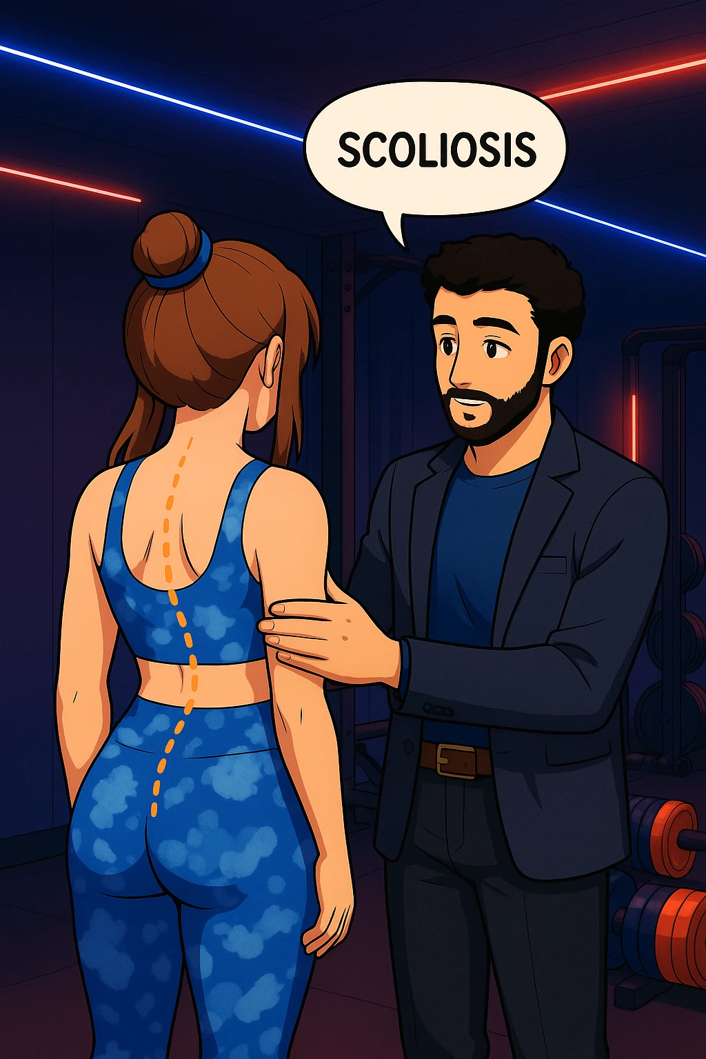 ispirati a questo stile di disegno e fai questa immagine in versione manga/webtoon a colori, il manga mostra la donna di spalle, mentre l'uomo le tocca la spina dorsale per spiegarle come funziona la scoliosi:
Con una scoliosi il baricentro corporeo cade maggiormente da un lato; per non cadere la schiena compensa accumulando tensione sul fianco opposto.
Il risultato? Si inclina e ruota sempre più, fino a che non cede (discopatie, artrosi, ecc) emoji