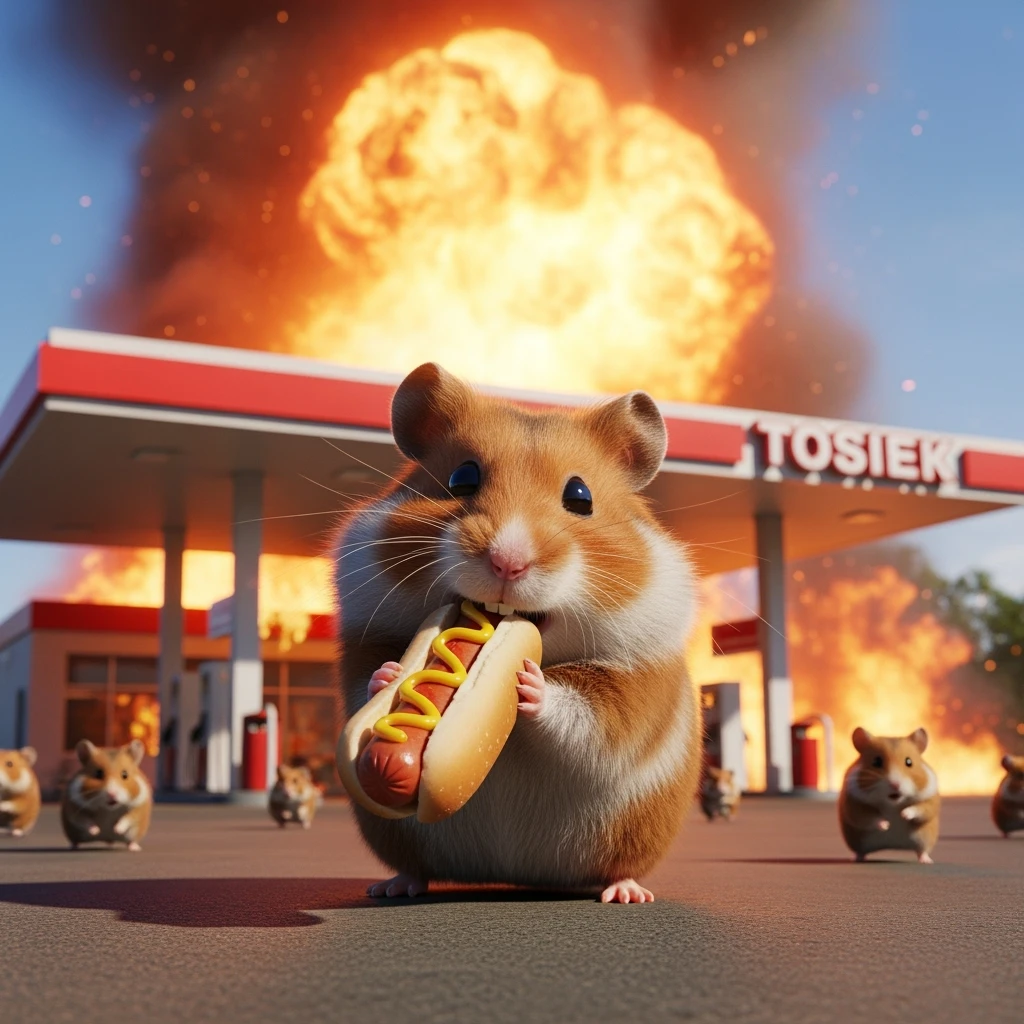 Cinematic still of A portrait of a fat hamster eating hotdog on gas station, gas station is in fire, other hamster fun away, sunny day, back light explosion , gas station named "Tosiek" (Realistic) emoji