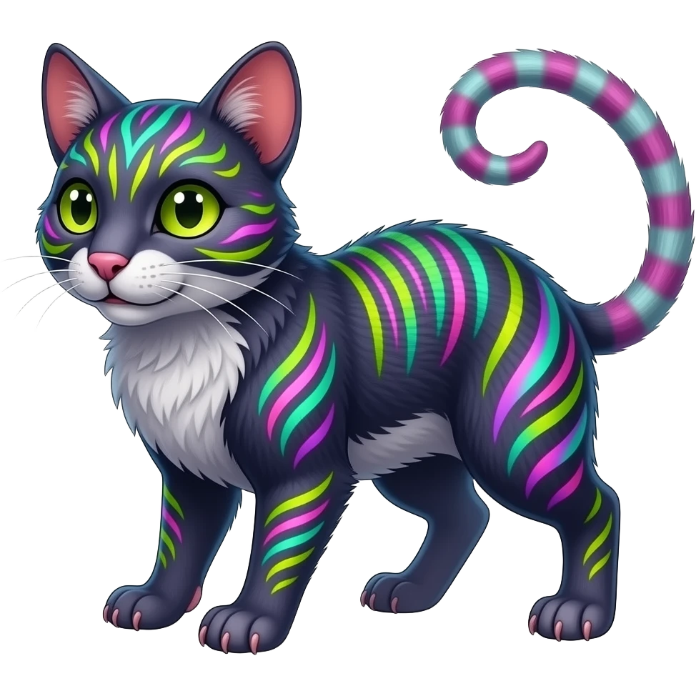 Exotic Neon-colored fantasy feline-rodent-marsupial-critter-vernid-fursona animal creature full body with intricate markings emoji