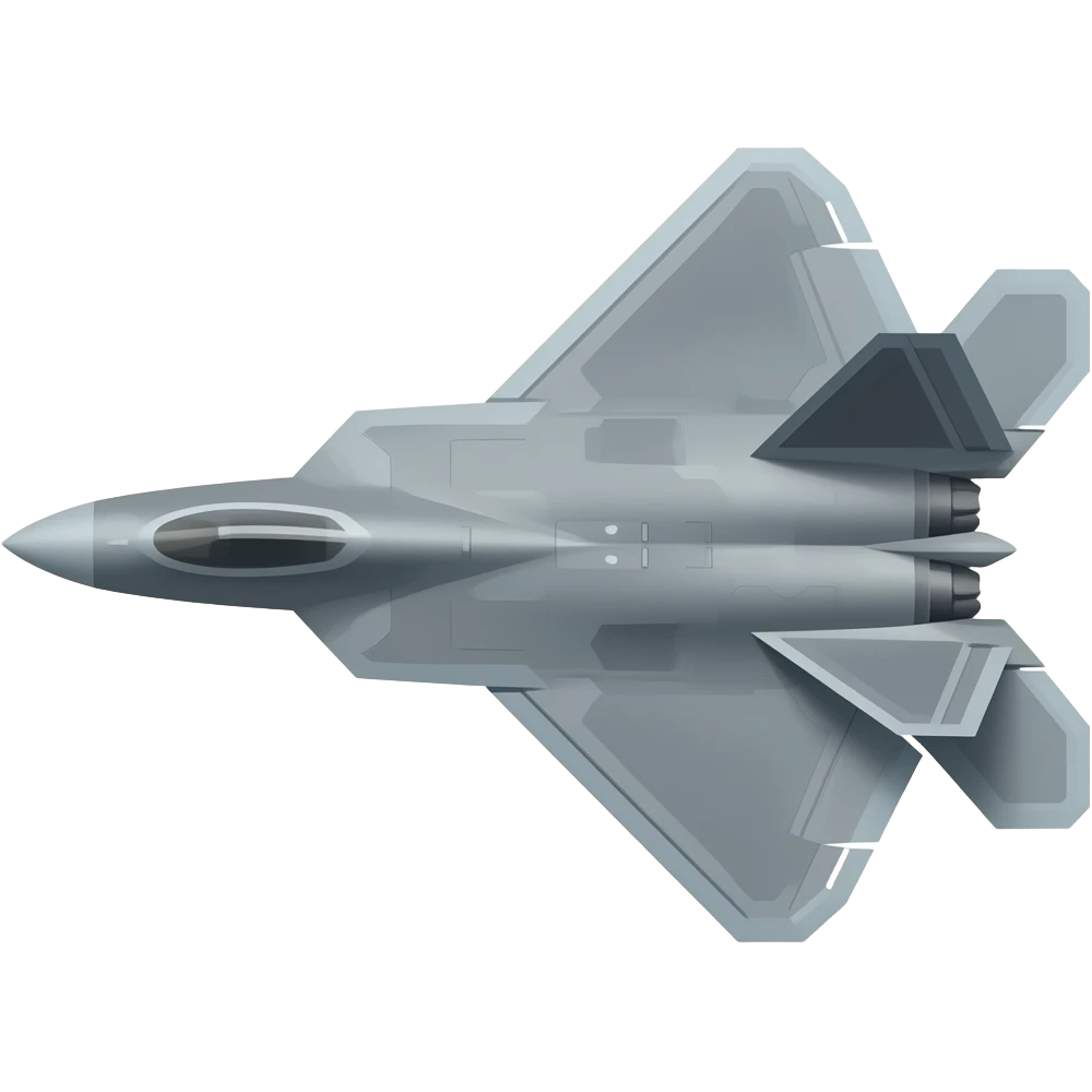 Simple vector emoji of a military stealth jet F-22, sharp edges, flat design, grey color, isolated on white emoji