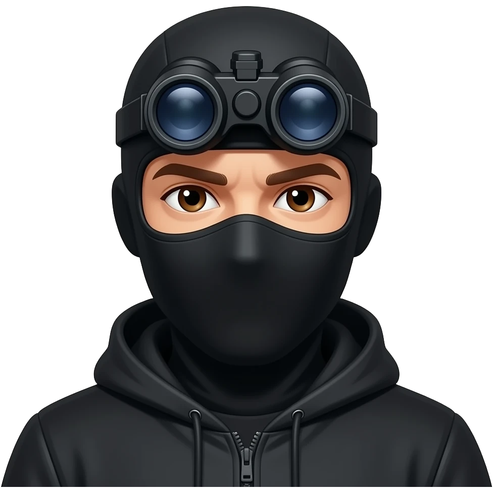 man with brown eyes wearing black clothes with a black balaclava and a black night vision device on his headtop emoji