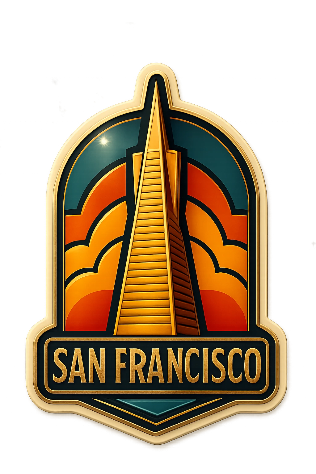 San Francisco logo in retro art deco style, highlighting the Transamerica Pyramid, symmetrical design, and metallic details emoji