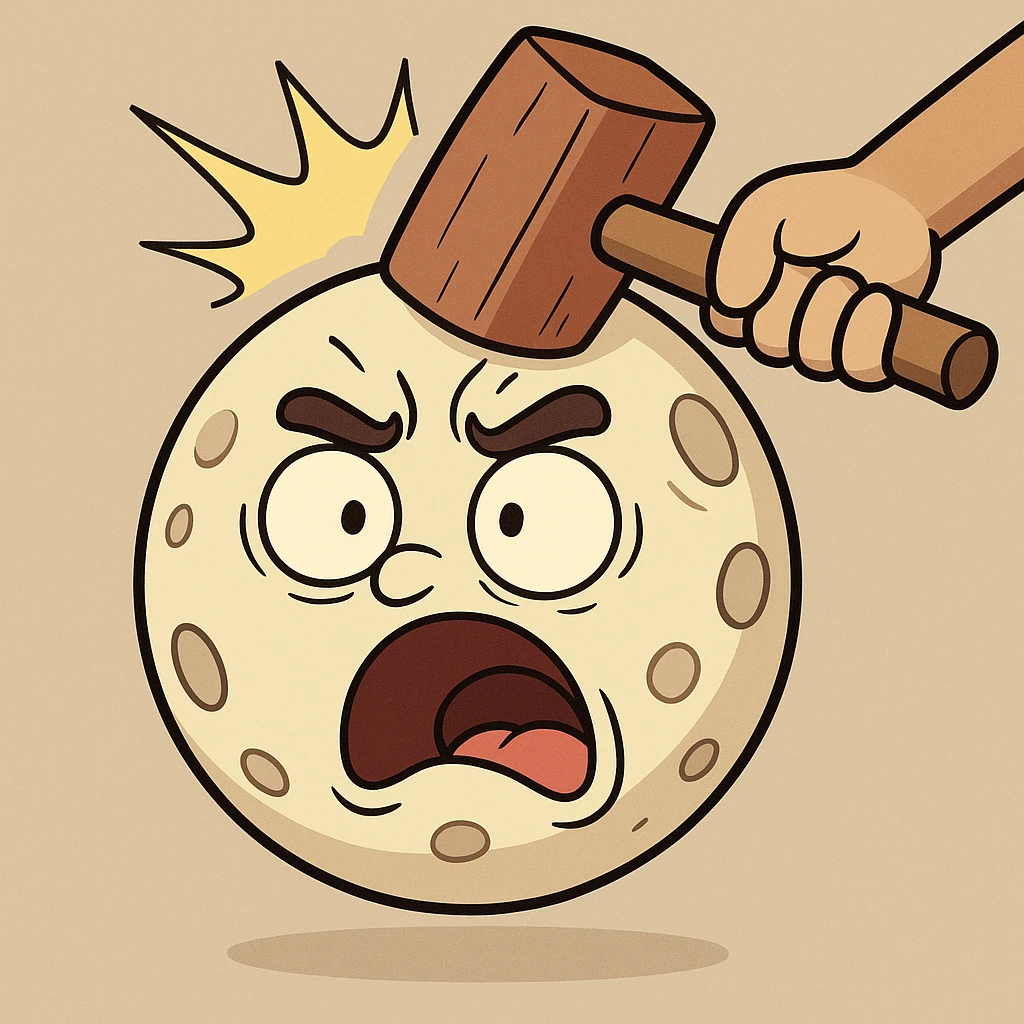 a cute moon character getting bonked, surprised face, cartoon style emoji