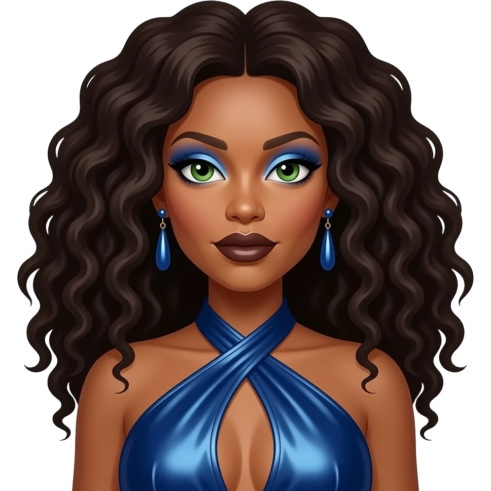 Erykah Badu with green eyes, long dark brown afro hair, blue eyeshadow, dark brown lipstick, deep blue metallic halter dress, blue earrings emoji