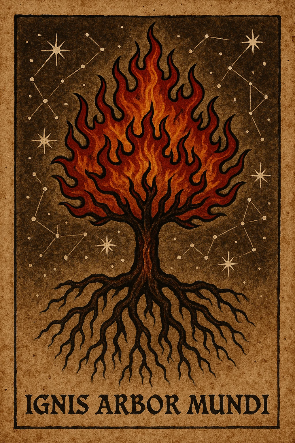 proto gothic ancient star constellation image of a flaming world tree with roots reaching down emoji