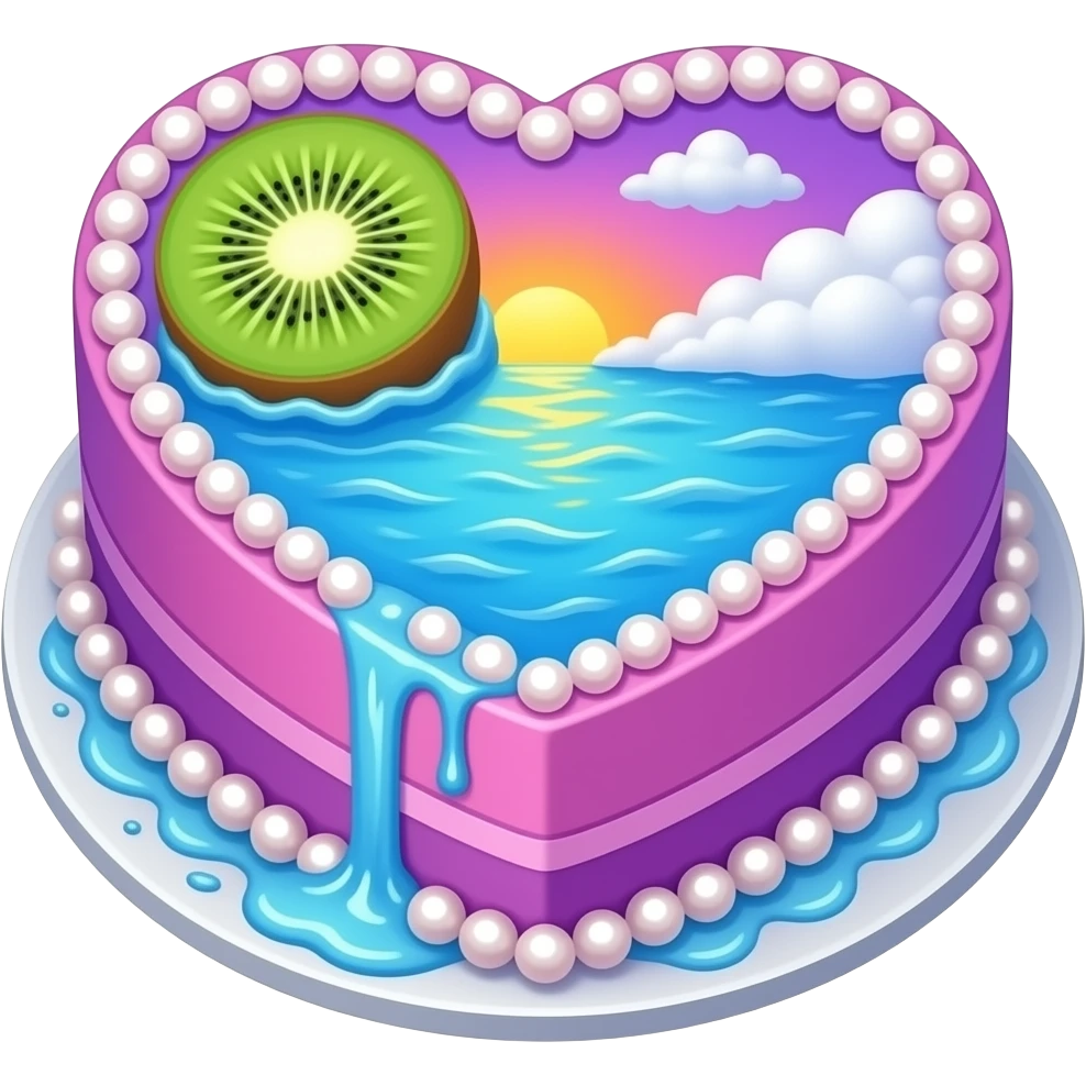 Kiwi heart cake with pearls and ocean water washing up as icing on the cake with clouds and a sunset and the majority of the cake is pink purple and blue with a hint of orange emoji