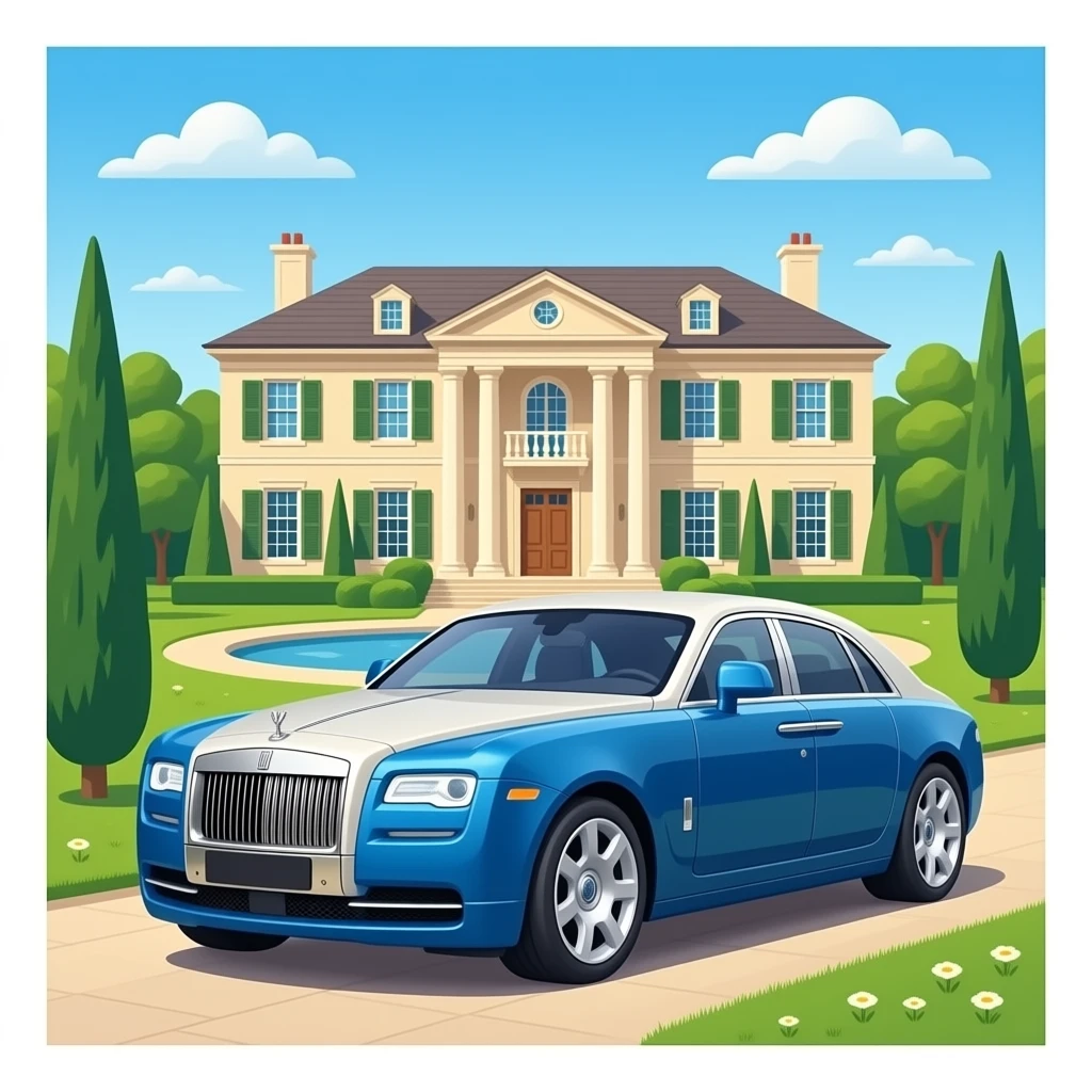 Luxery rolce Rolls Royce is standing next to large billion dollar mansion emoji